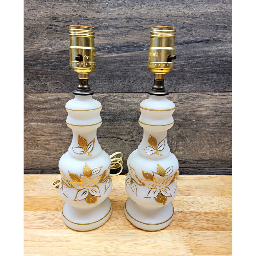 Pair White/Gold Floral Milk Glass Shaded Table Lamps, Knob Control, Indoor